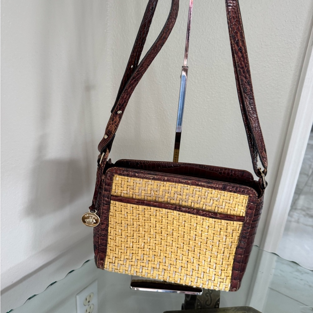 Brahmin Brown Croc-Embossed Leather & Natural Straw Crossbody